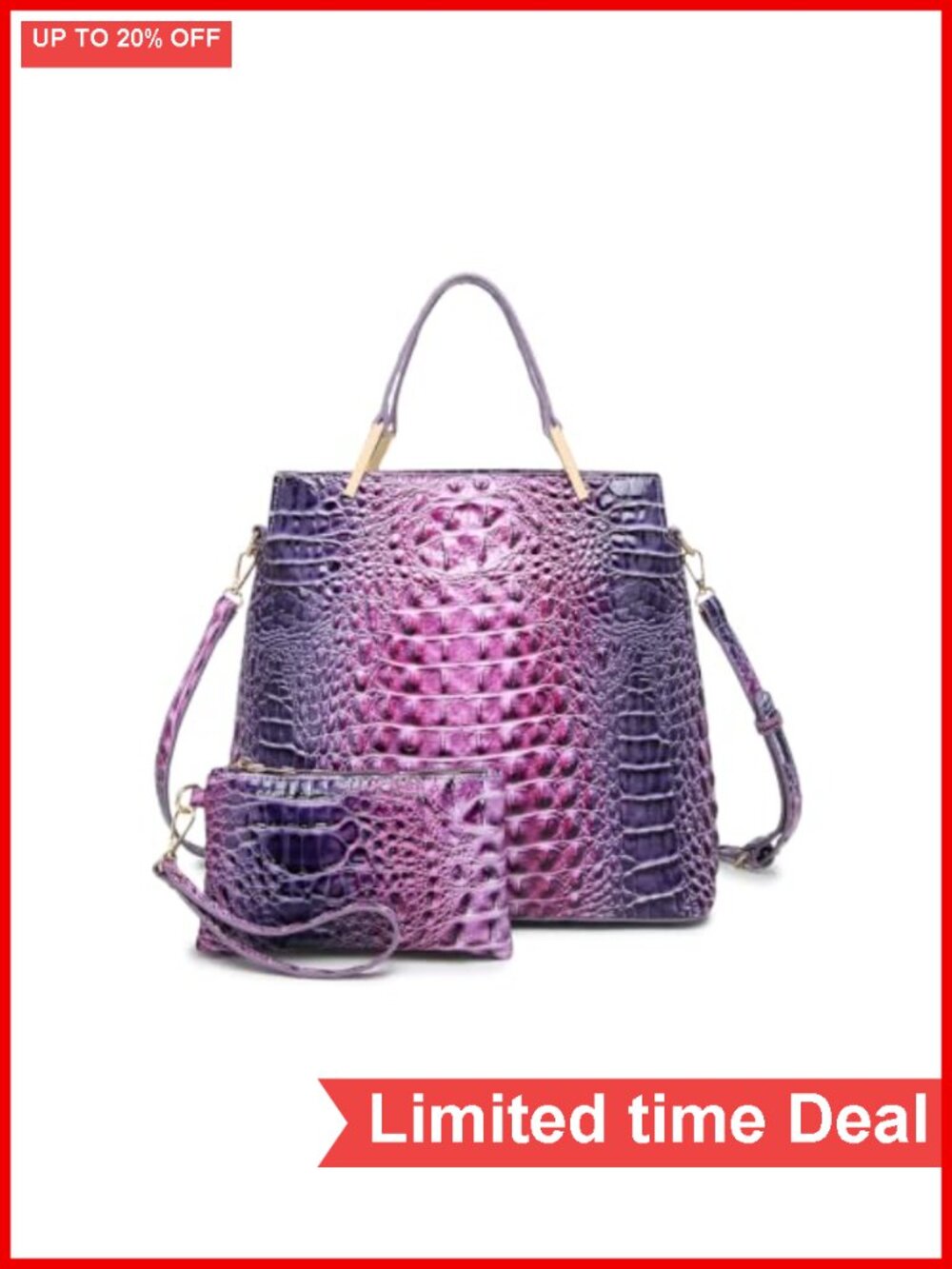 Vegan Leather Crocodile Tote Bag with Wristlet Set for Women